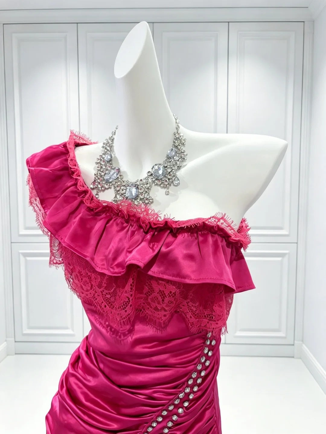 Lace Satin One Shoulder Hot Pink Sheath Homecoming Dress  P2407