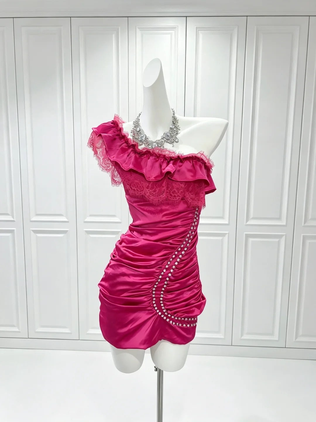 Lace Satin One Shoulder Hot Pink Sheath Homecoming Dress  P2407