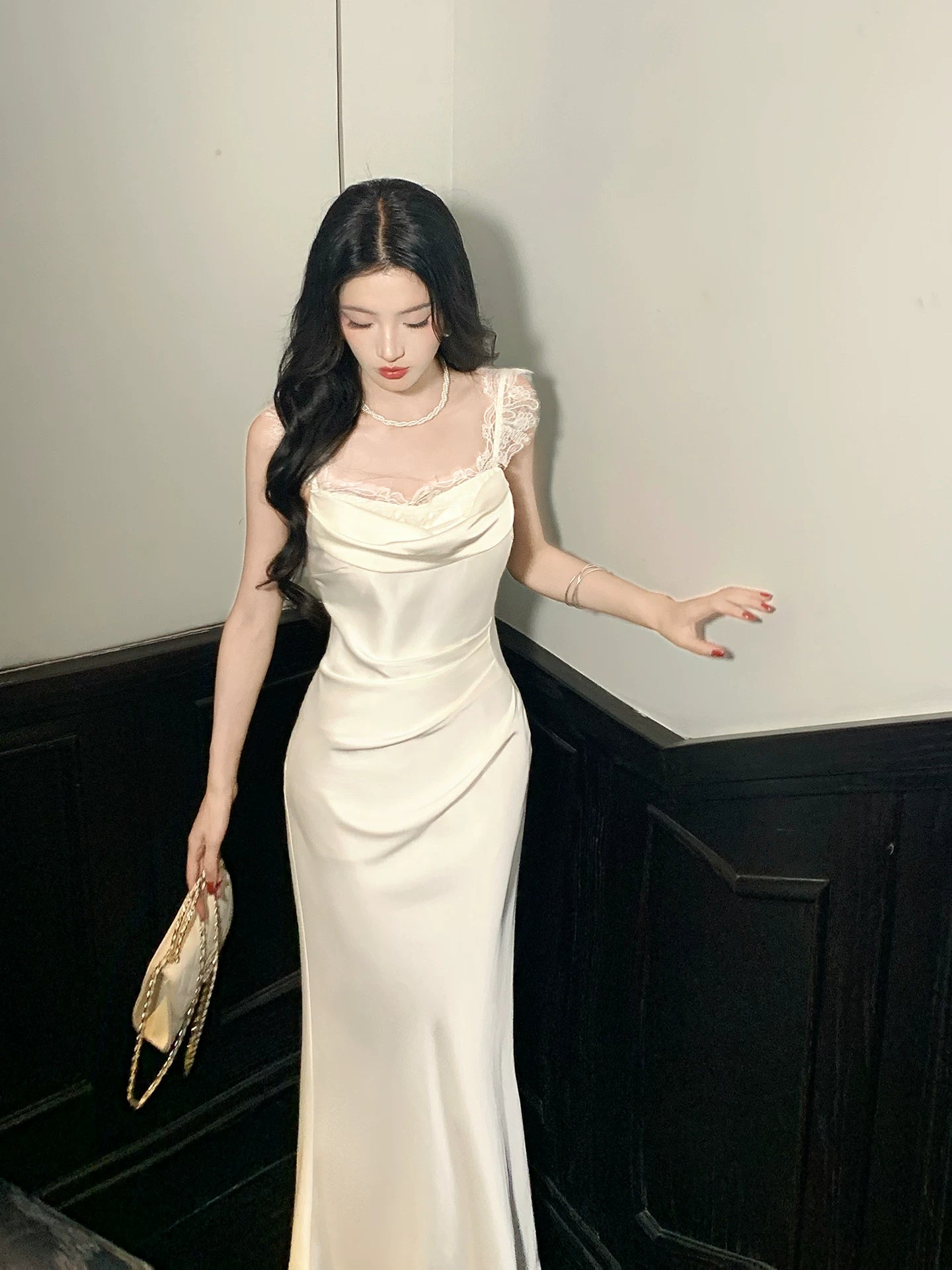 Lace Straps Mermaid Satin Evening Dress Sexy Birthday Dress P1655