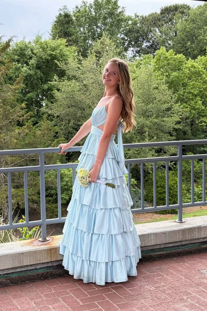 Light Blue Back Tie Tiered Long Prom Dress V Neck Wedding Guest Dress  P2482