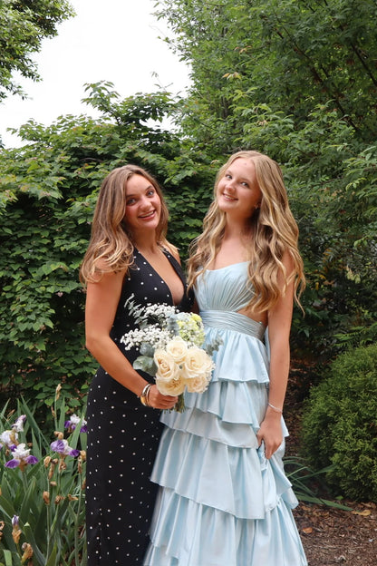 Light Blue Back Tie Tiered Long Prom Dress V Neck Wedding Guest Dress  P2482