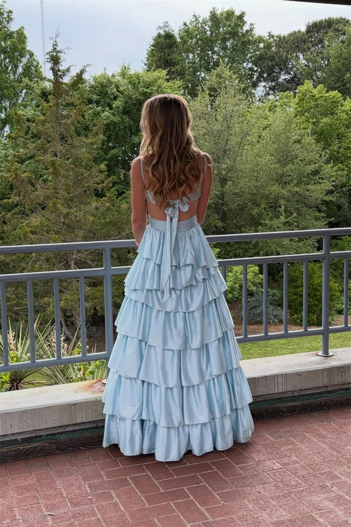 Light Blue Back Tie Tiered Long Prom Dress V Neck Wedding Guest Dress  P2482
