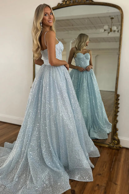 Light Blue Glitter Floor-Length Spaghetti Straps Prom Dress P970