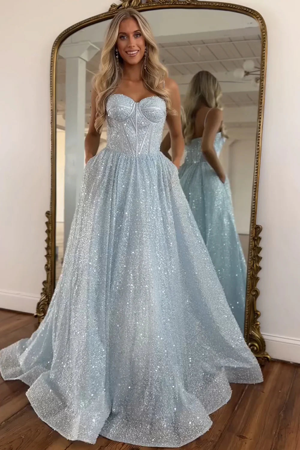 Light Blue Glitter Floor-Length Spaghetti Straps Prom Dress P970