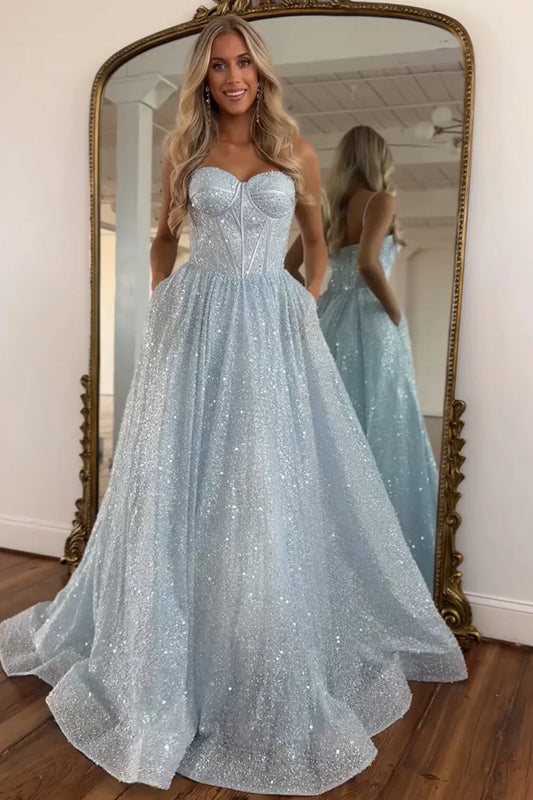 Light Blue Glitter Floor-Length Spaghetti Straps Prom Dress P970