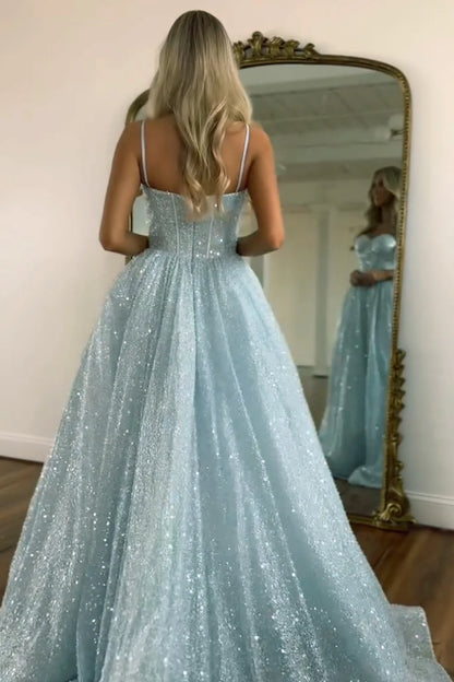 Light Blue Glitter Floor-Length Spaghetti Straps Prom Dress P970