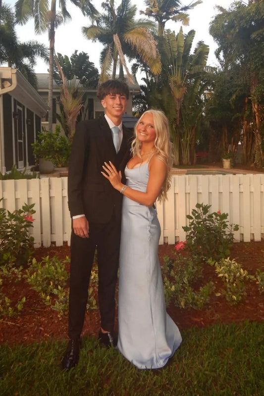 Light Blue High Waist Satin Long Prom Dress  P2544