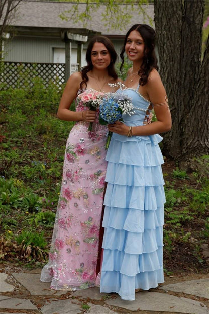 Light Blue Long Prom Dress With Pearl Layered Wedding Guest Dress  P2472