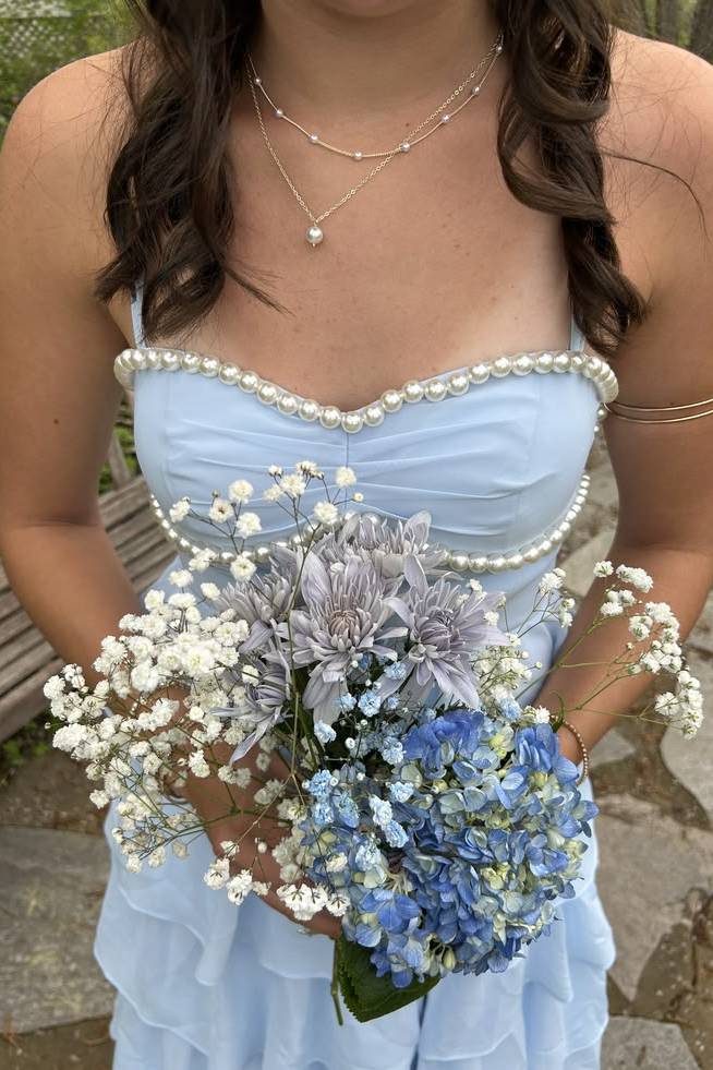Light Blue Long Prom Dress With Pearl Layered Wedding Guest Dress  P2472