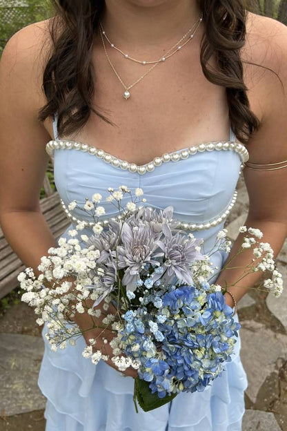 Light Blue Long Prom Dress With Pearl Layered Wedding Guest Dress  P2472