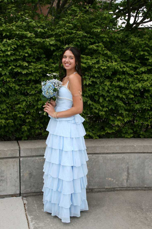 Light Blue Long Prom Dress With Pearl Layered Wedding Guest Dress  P2472