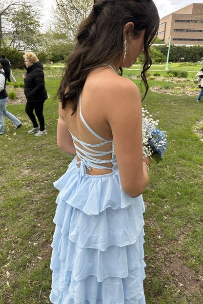 Light Blue Long Prom Dress With Pearl Layered Wedding Guest Dress  P2472