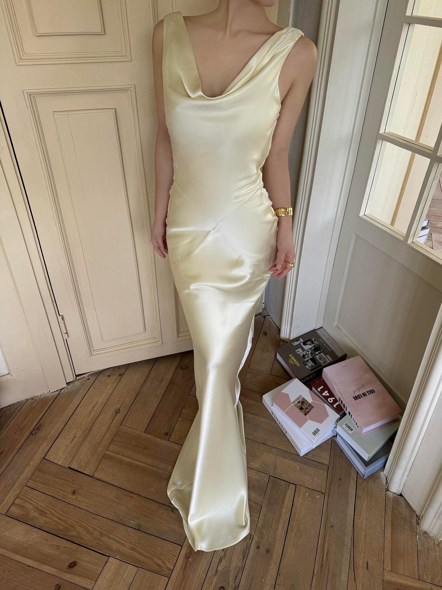 Light Yellow Satin Prom Dress Sheath Formal Maxi Dress  P771