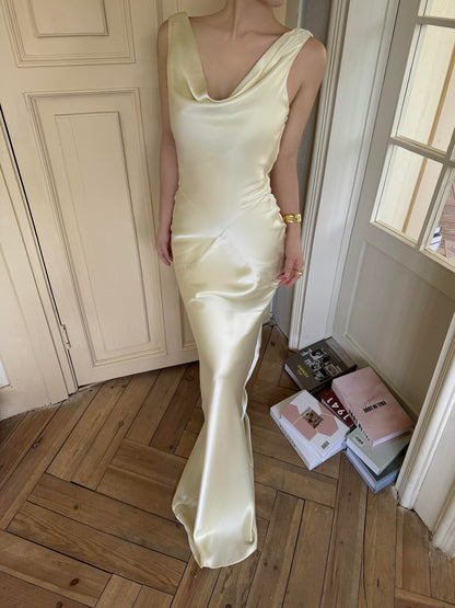 Light Yellow Satin Prom Dress Sheath Formal Maxi Dress  P771