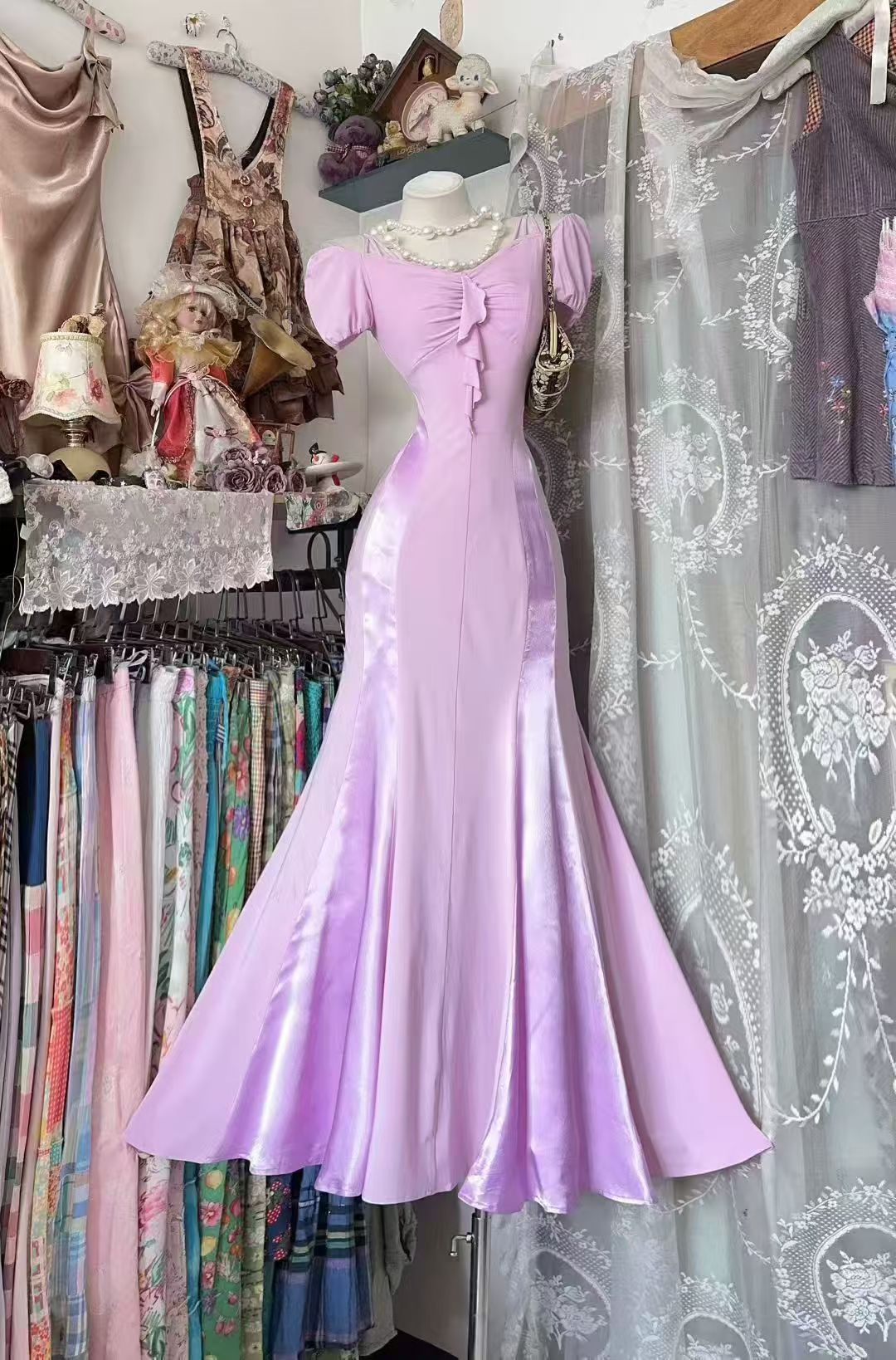 Lilac Mermaid Chiffon Prom Dress Formal Wedding Guest Dress  P1929