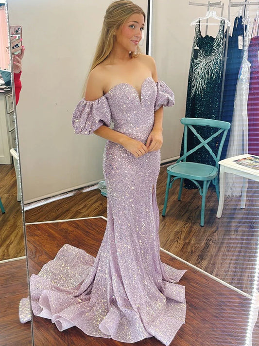 Lilac Sequin Off-The-Shoulder Puff Sleeve Long Prom Dress  P2592