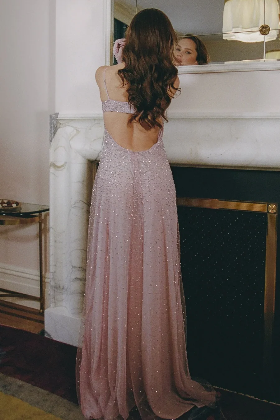 Lilac Spaghetti Straps Glitter Tulle Long Prom Dress  P845