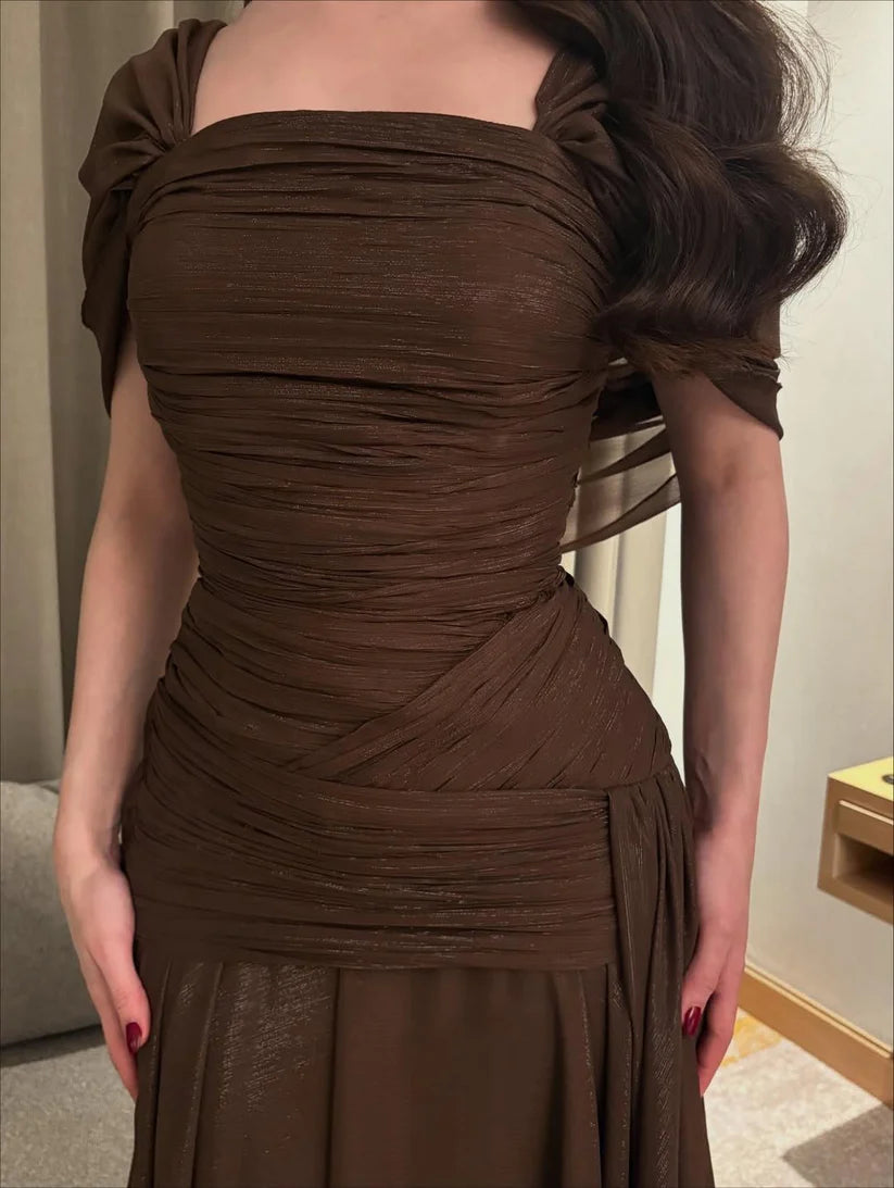 Long Brown Chiffon Prom Dress Formal Wedding Guest Gown  P1115