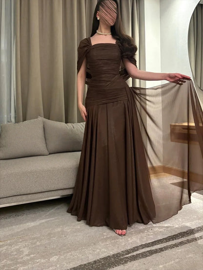 Long Brown Chiffon Prom Dress Formal Wedding Guest Gown  P1115