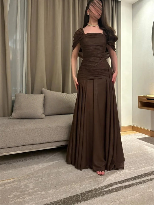 Long Brown Chiffon Prom Dress Formal Wedding Guest Gown  P1115