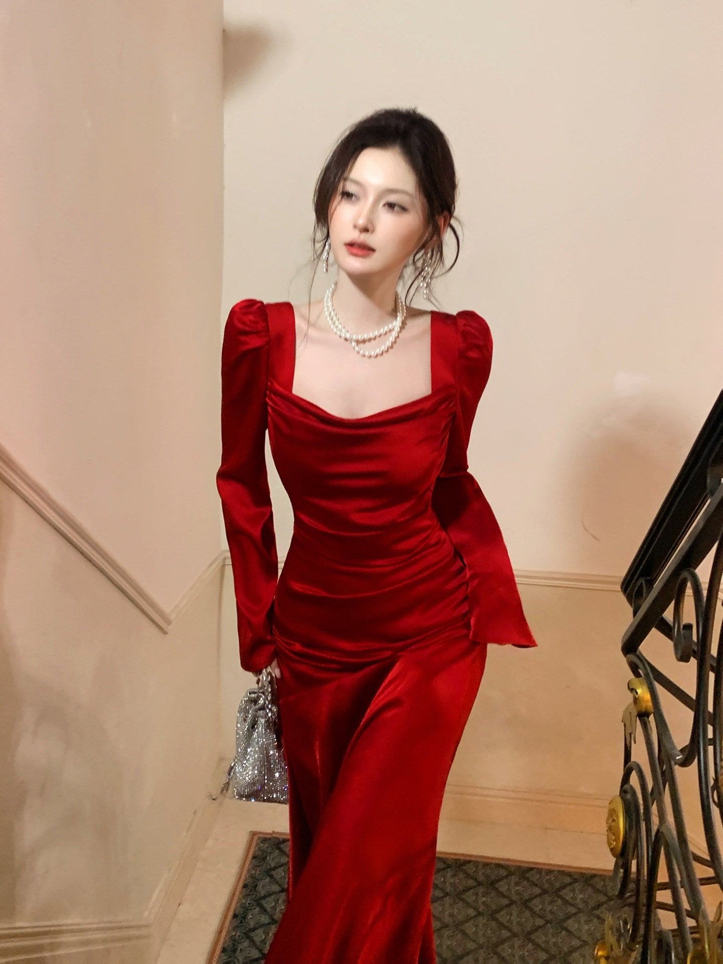 Long Sleeved Red Mermaid Long Evening Dress Satin Formal Dress   P672