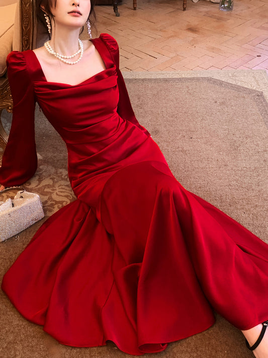 Long Sleeved Red Mermaid Long Evening Dress Satin Formal Dress   P672