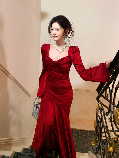 Long Sleeved Red Mermaid Long Evening Dress Satin Formal Dress   P672