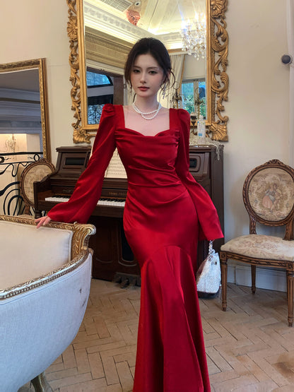 Long Sleeved Red Mermaid Long Evening Dress Satin Formal Dress   P672