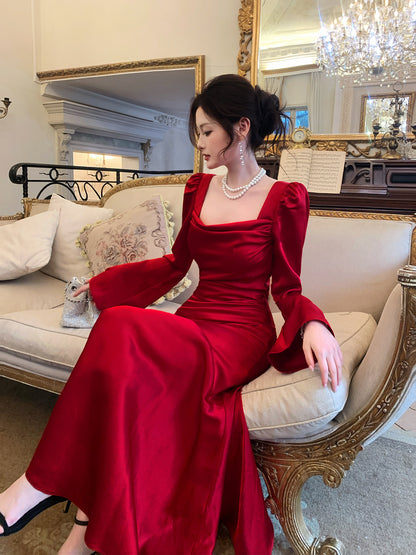 Long Sleeved Red Mermaid Long Evening Dress Satin Formal Dress   P672