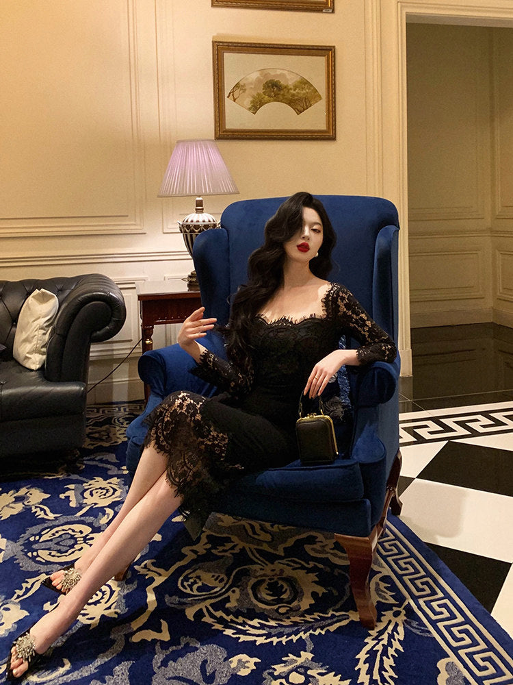 Long Sleeves Black Lace Evening Dress Sexy Tea Length Birthday Dress  P631