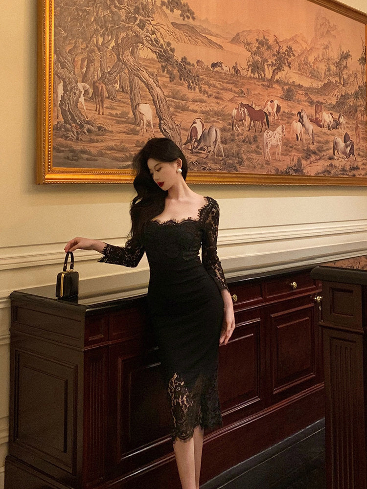 Long Sleeves Black Lace Evening Dress Sexy Tea Length Birthday Dress  P631