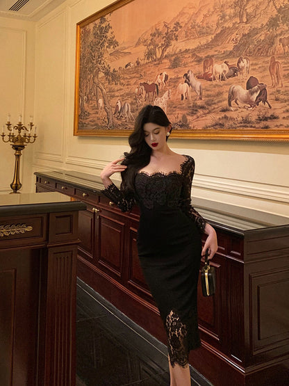 Long Sleeves Black Lace Evening Dress Sexy Tea Length Birthday Dress  P631