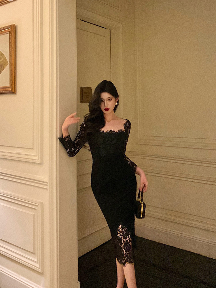 Long Sleeves Black Lace Evening Dress Sexy Tea Length Birthday Dress  P631