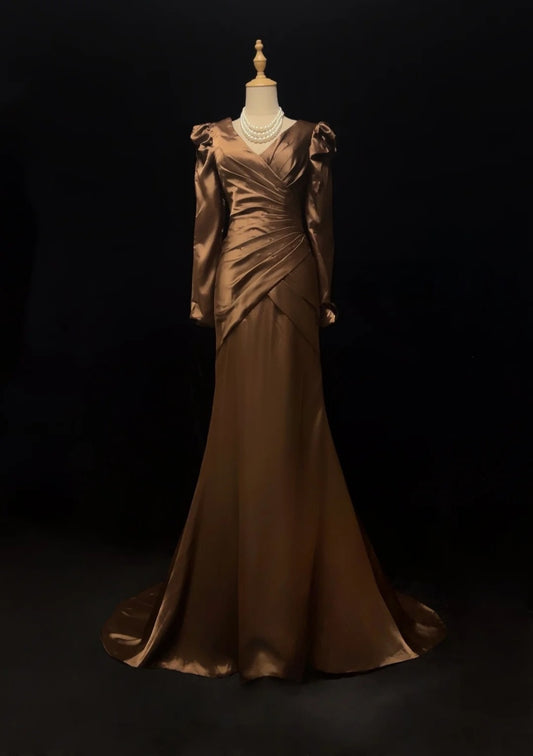 Long Sleeves Brown Satin Mermaid Evening Gown  P2634