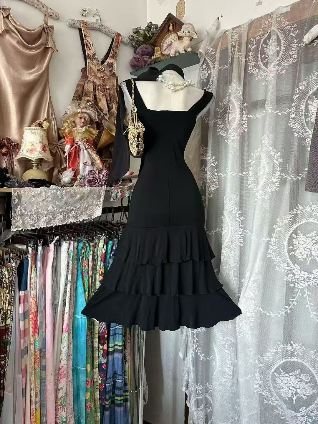 Mermaid Black Ruffled Homecoming Dress Layered Evening Dress   P2080