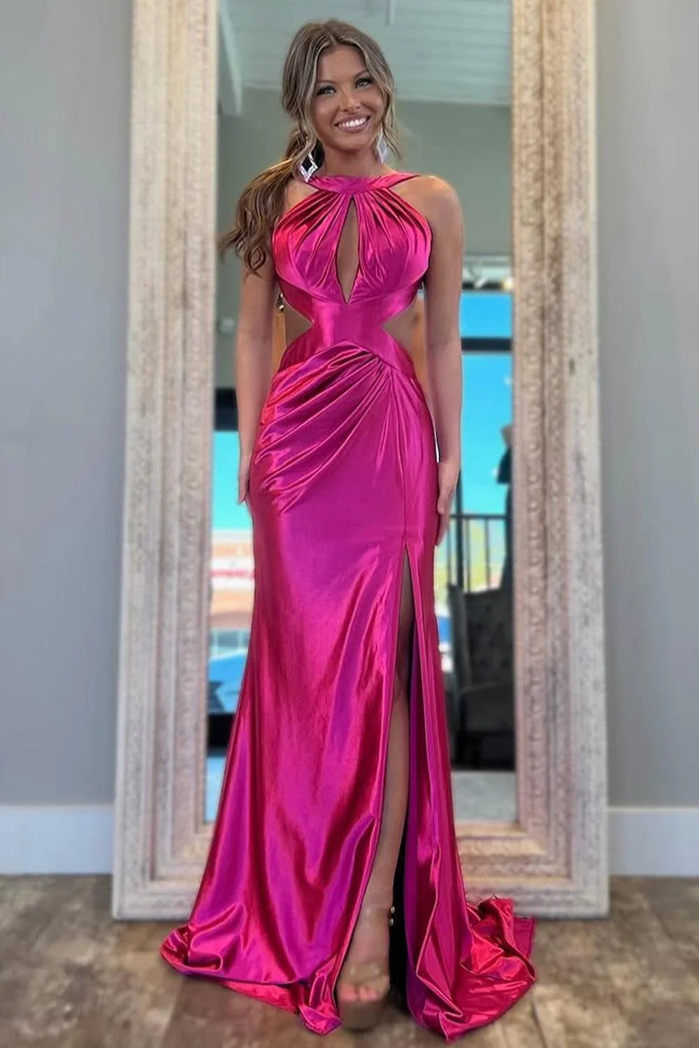 Mermaid Hot Pink Backless Floor-Length Prom Dress  P719