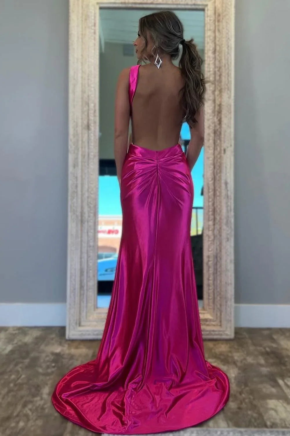 Mermaid Hot Pink Backless Floor-Length Prom Dress  P719