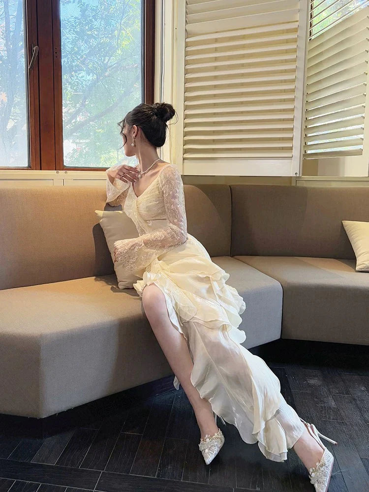 Mermaid Lace Ruffled Prom Dress With Slit  P732