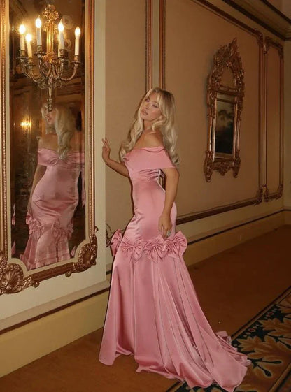 Off The Shoulder Pink Mermaid Prom Dress With Bows  P735
