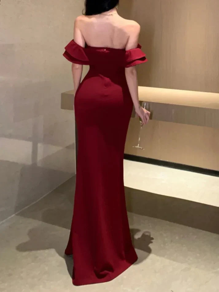 Mermaid Off-the-Shoulder  Burgundy Long Prom Dress  P734