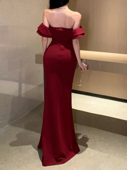 Mermaid Off-the-Shoulder  Burgundy Long Prom Dress  P734