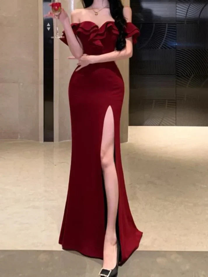 Mermaid Off-the-Shoulder  Burgundy Long Prom Dress  P734