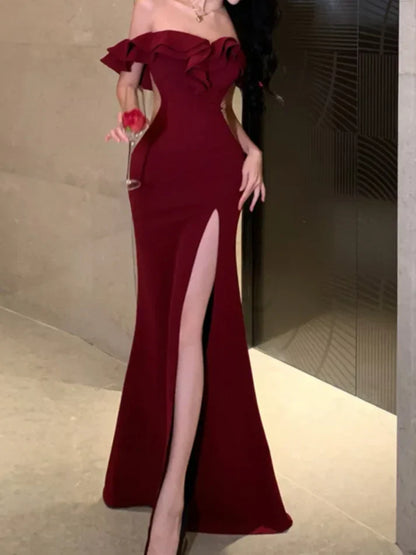 Mermaid Off-the-Shoulder  Burgundy Long Prom Dress  P734