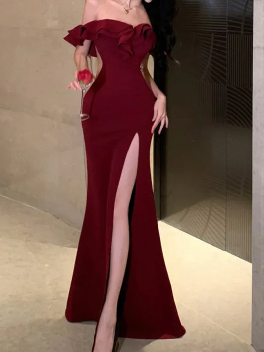 Mermaid Off-the-Shoulder  Burgundy Long Prom Dress  P734