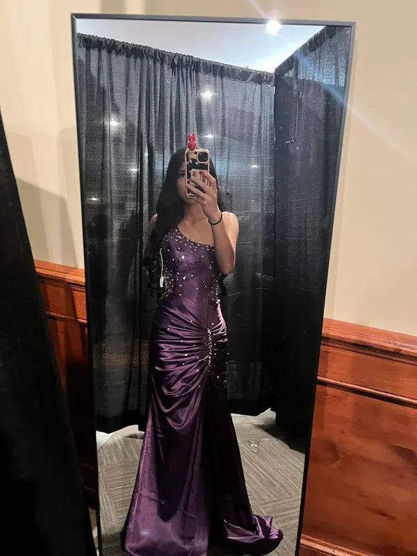Mermaid One Shoulder Beaded Purple Long Prom Dress P976