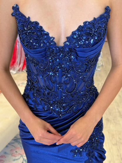 Mermaid Satin Sequin Beaded Prom Dresses Long Sexy V Neck Evening Gowns  P2556