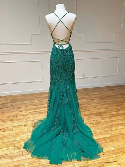 Mermaid Spaghetti Appliqued Emerald Green Prom Dress P977