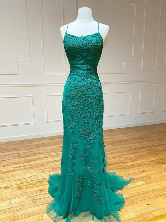 Mermaid Spaghetti Appliqued Emerald Green Prom Dress P977