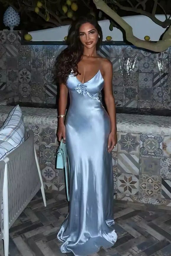 Mermaid Spaghetti Straps Blue Long Prom Dress With 3d Flowers  P1007