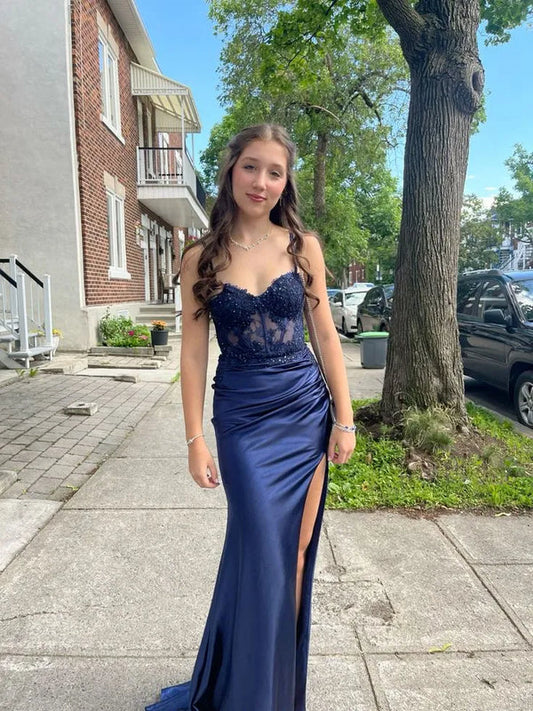 Mermaid Spaghetti Straps Navy Blue Satin Prom Dress With Slit P981